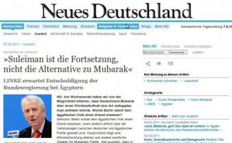 Wolfgang Gehrcke im ND: "Suleiman ist die Fortsetzung, nicht die Alternative zu Mubarak"